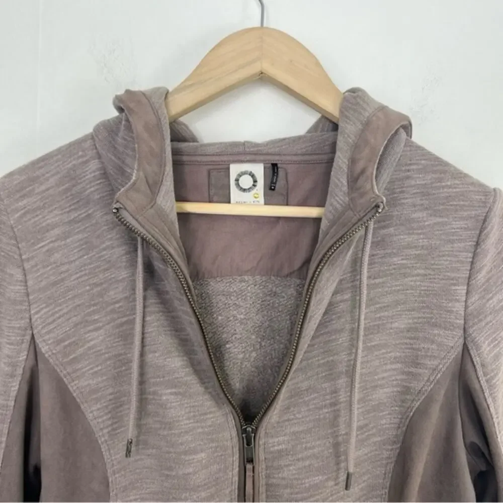 Anthropologie Akemi + Kin Taupe Abbe Full Zip Faux Suede Panel Hoodie Sweatshirt - Picture 6 of 15